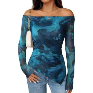 imageZESICA Womens Trendy Off Shoulder Floral Mesh Tops Slim Fit Sexy Long Sleeve Shirts Asymmetrical Ruched BlousesBlue