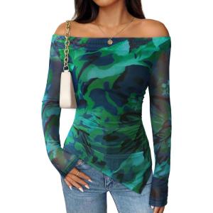 imageZESICA Womens Trendy Off Shoulder Floral Mesh Tops Slim Fit Sexy Long Sleeve Shirts Asymmetrical Ruched BlousesLakegreen