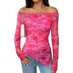 imageZESICA Womens Trendy Off Shoulder Floral Mesh Tops Slim Fit Sexy Long Sleeve Shirts Asymmetrical Ruched BlousesPink