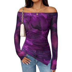 imageZESICA Womens Trendy Off Shoulder Floral Mesh Tops Slim Fit Sexy Long Sleeve Shirts Asymmetrical Ruched BlousesPurple