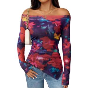 imageZESICA Womens Trendy Off Shoulder Floral Mesh Tops Slim Fit Sexy Long Sleeve Shirts Asymmetrical Ruched BlousesPurplered