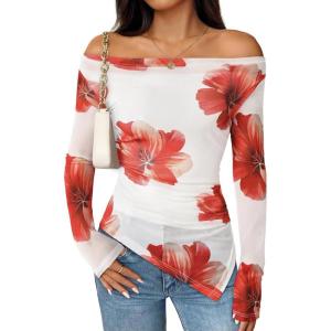 imageZESICA Womens Trendy Off Shoulder Floral Mesh Tops Slim Fit Sexy Long Sleeve Shirts Asymmetrical Ruched BlousesWhite