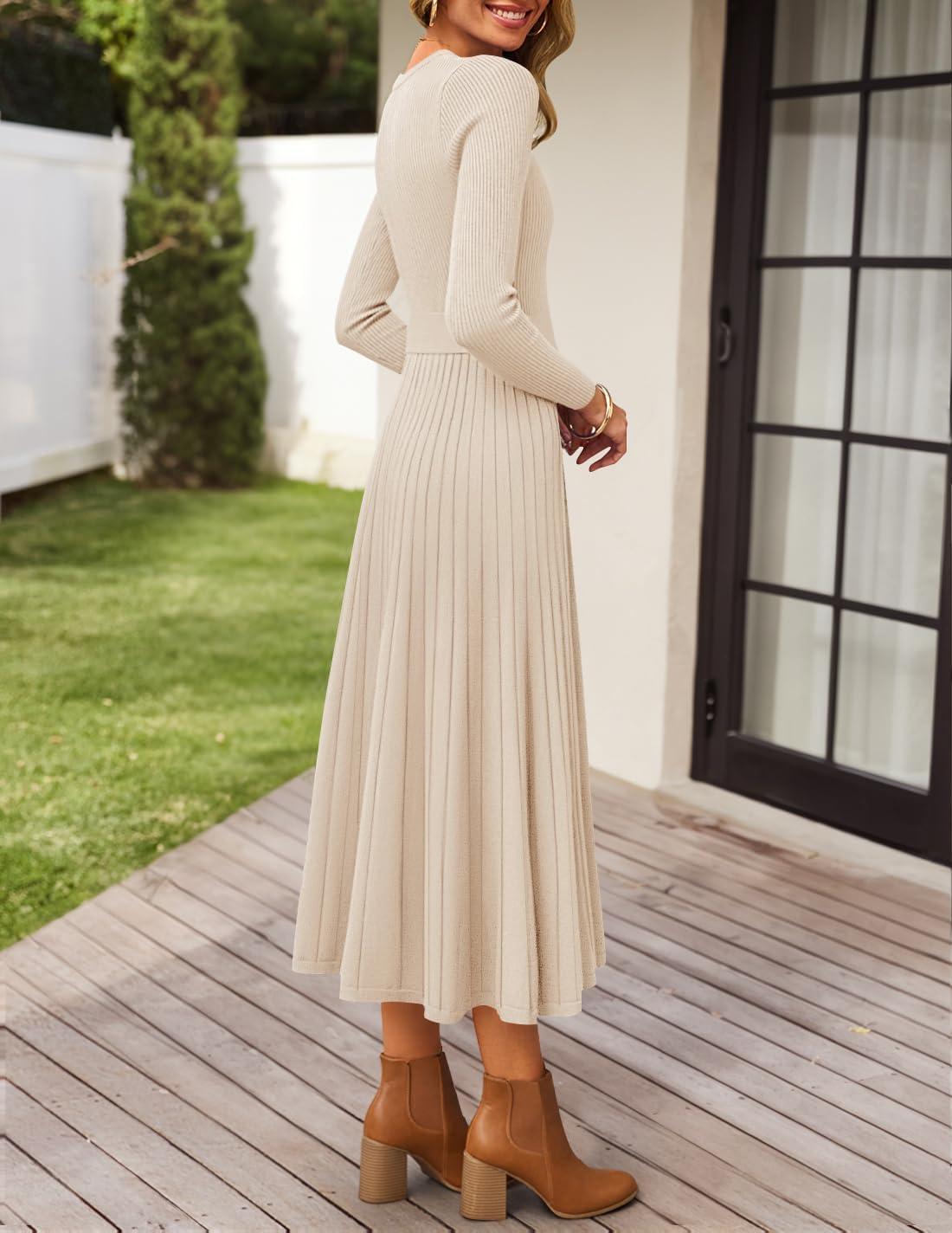 imageZESICA Womens Long Sleeve Midi Sweater Dress 2025 Fall Crewneck Knit A Line Pleated Flowy Long Dresses with BeltApricot
