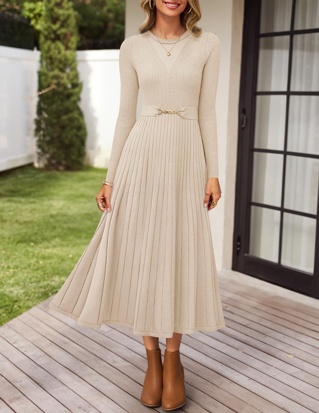 imageZESICA Womens Long Sleeve Midi Sweater Dress 2025 Fall Crewneck Knit A Line Pleated Flowy Long Dresses with BeltApricot