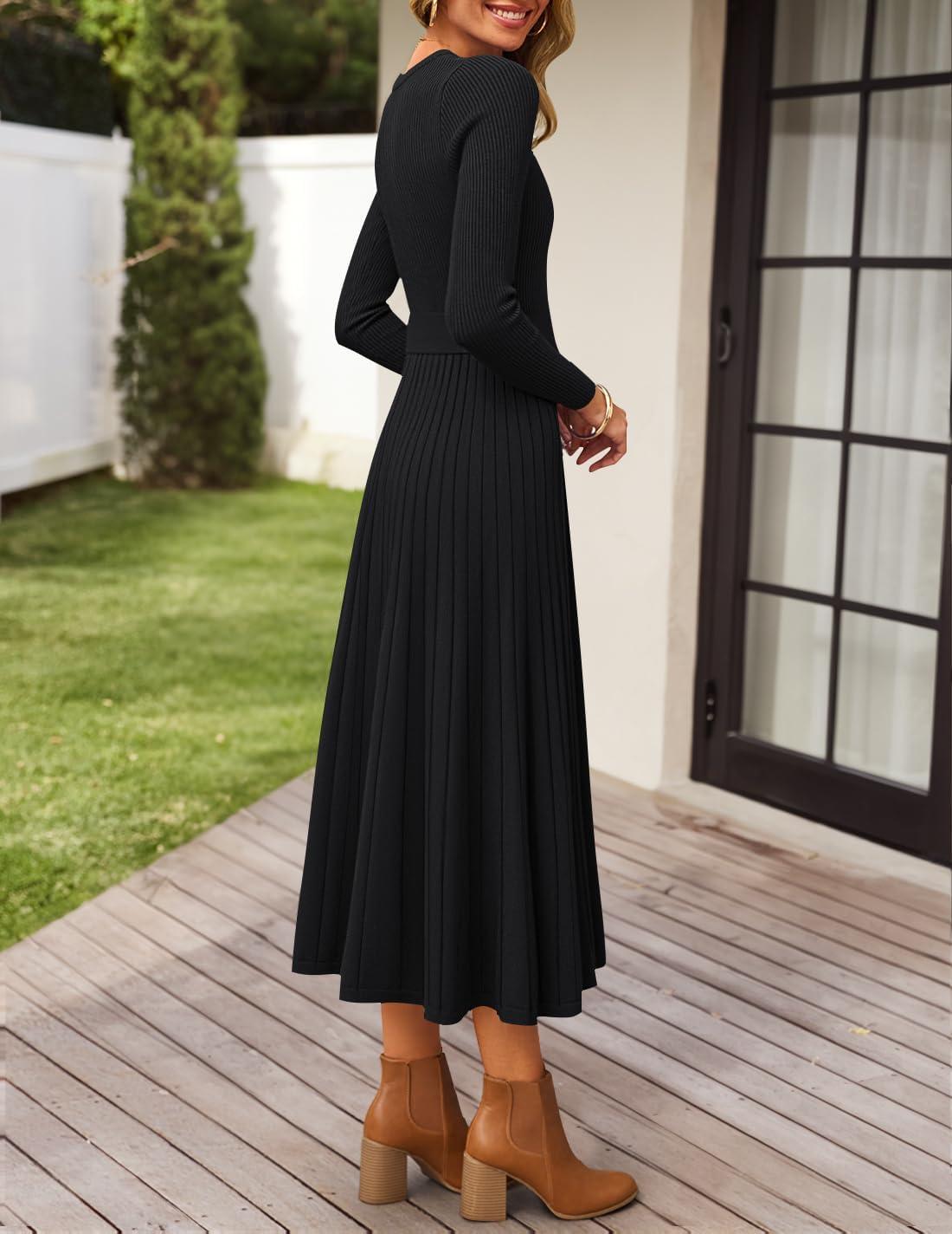 imageZESICA Womens Long Sleeve Midi Sweater Dress 2025 Fall Crewneck Knit A Line Pleated Flowy Long Dresses with BeltBlack