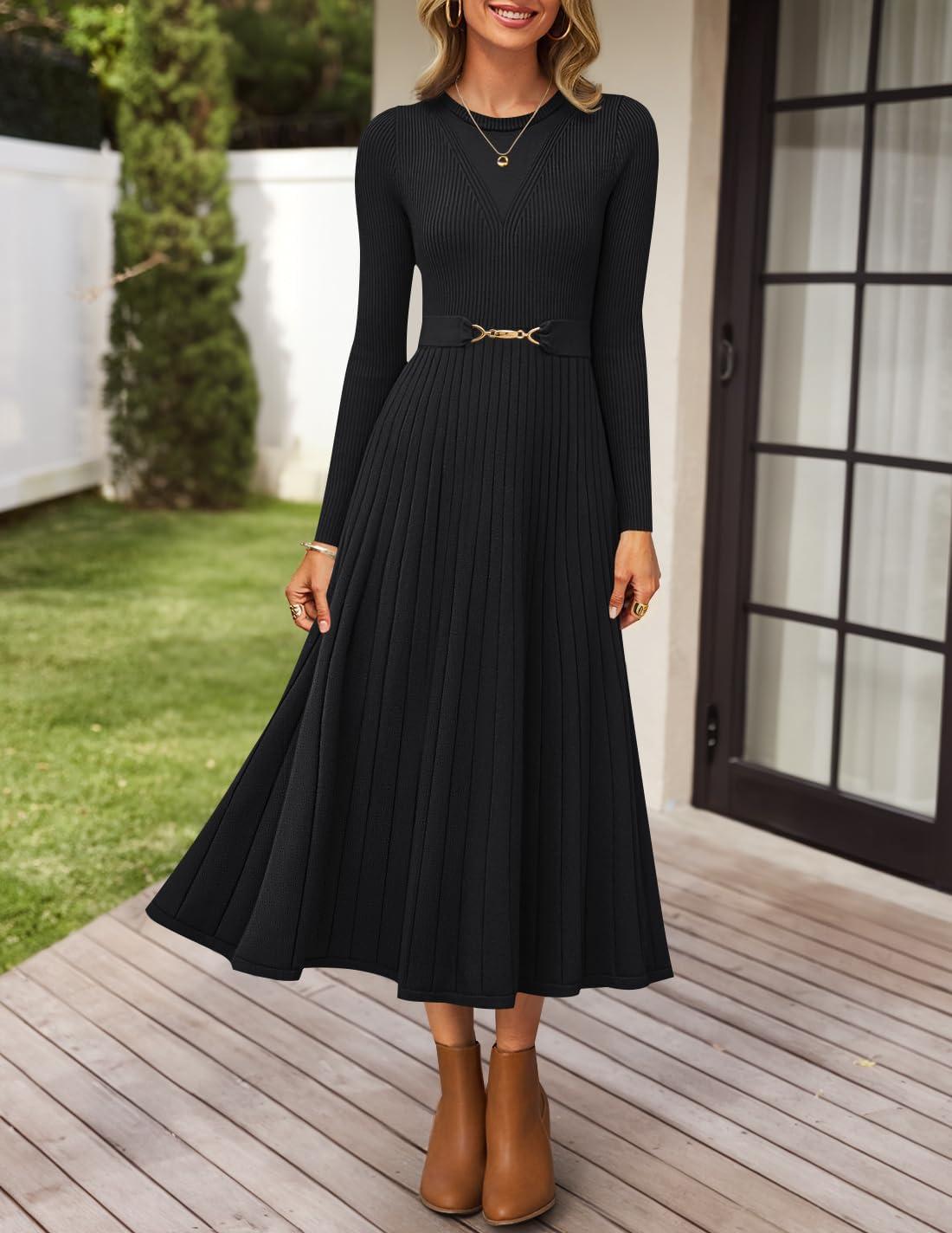 imageZESICA Womens Long Sleeve Midi Sweater Dress 2025 Fall Crewneck Knit A Line Pleated Flowy Long Dresses with BeltBlack