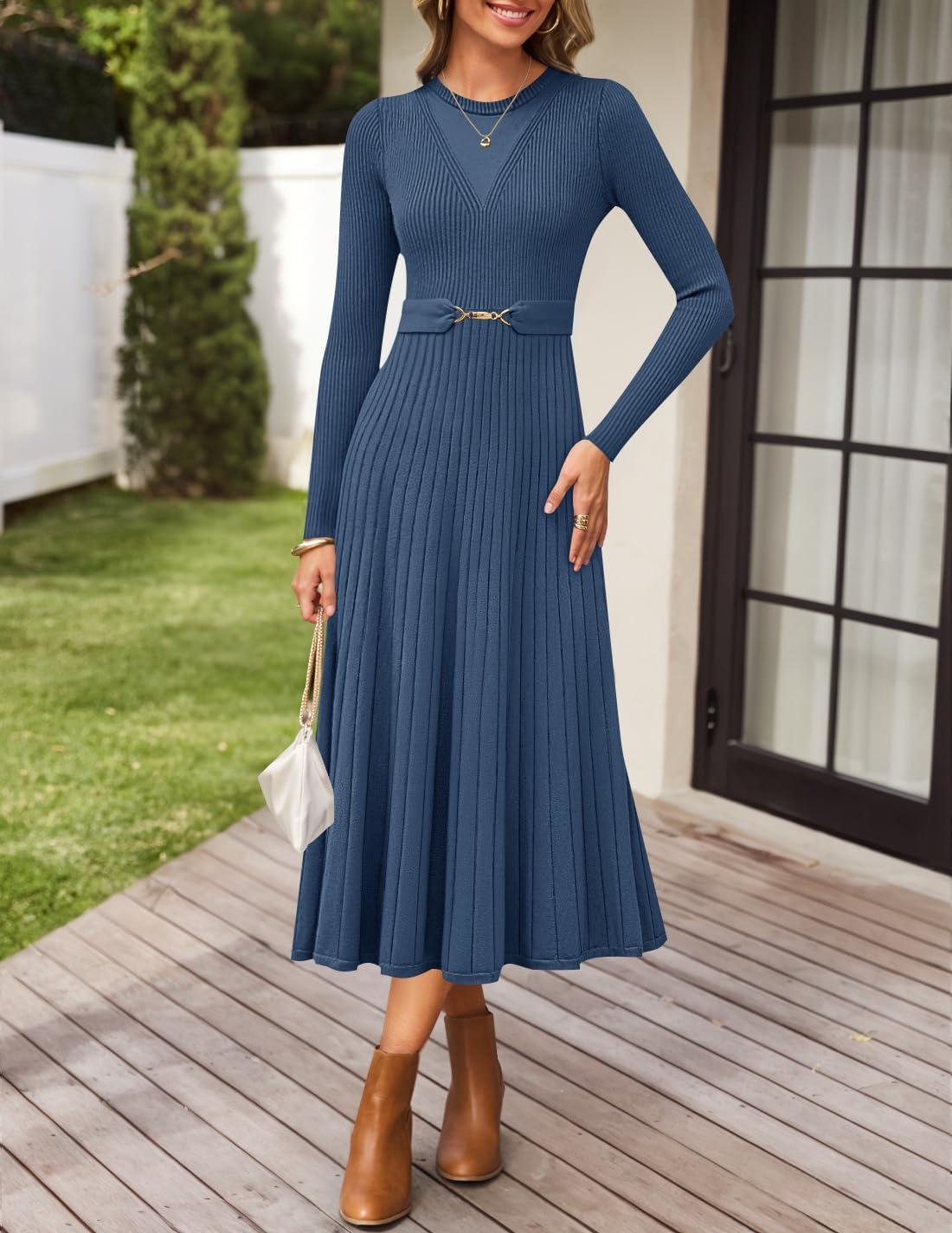 imageZESICA Womens Long Sleeve Midi Sweater Dress 2025 Fall Crewneck Knit A Line Pleated Flowy Long Dresses with BeltDark Blue