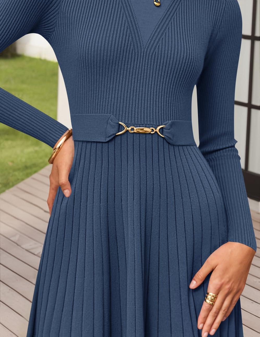imageZESICA Womens Long Sleeve Midi Sweater Dress 2025 Fall Crewneck Knit A Line Pleated Flowy Long Dresses with BeltDark Blue