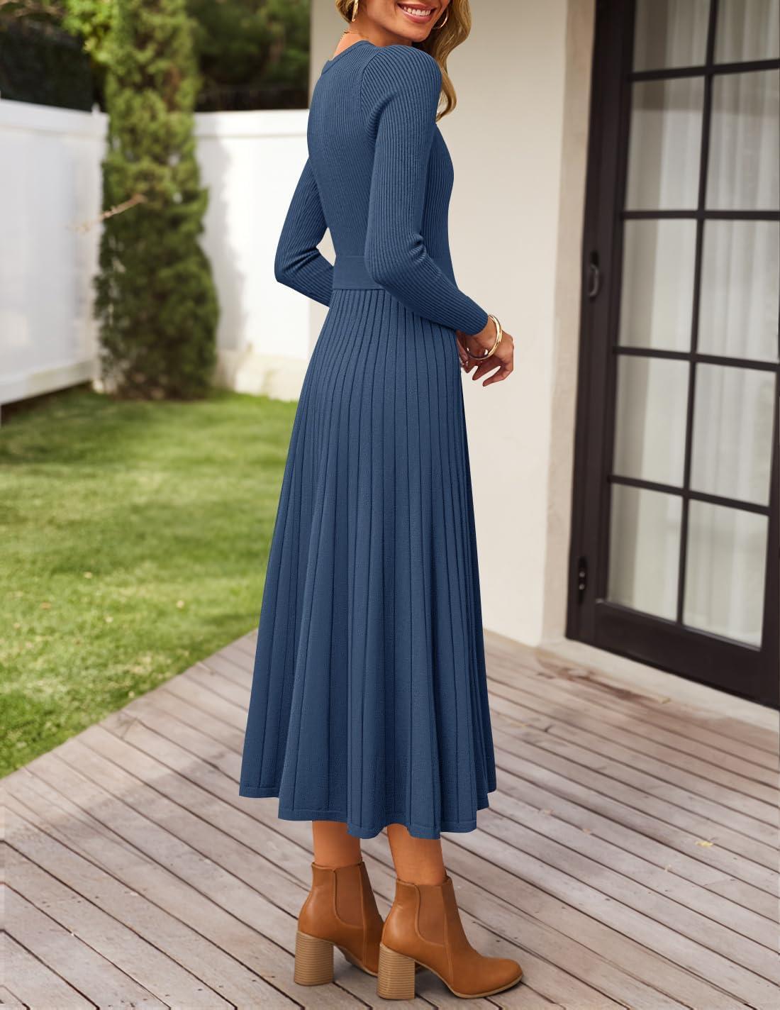 imageZESICA Womens Long Sleeve Midi Sweater Dress 2025 Fall Crewneck Knit A Line Pleated Flowy Long Dresses with BeltDark Blue