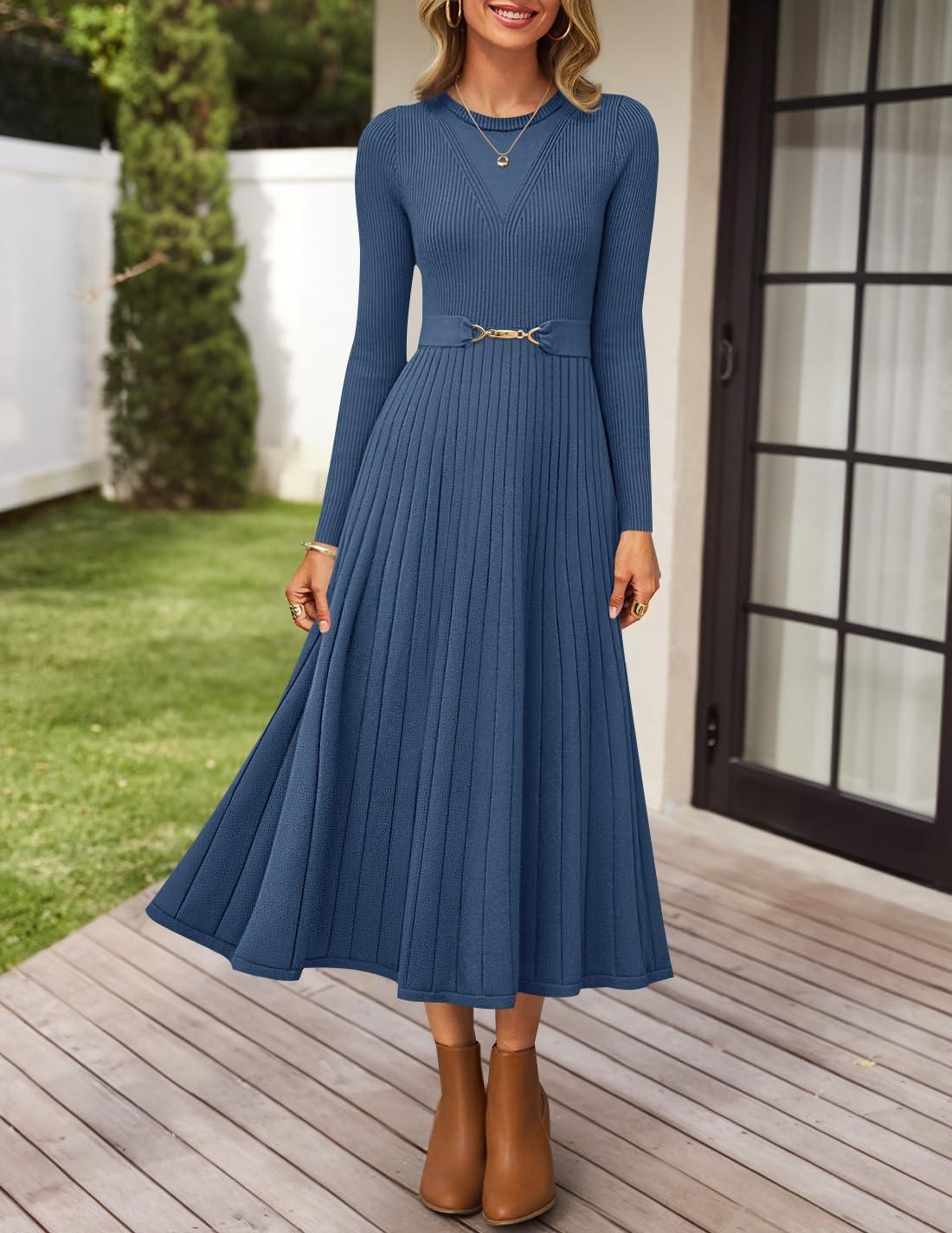 imageZESICA Womens Long Sleeve Midi Sweater Dress 2025 Fall Crewneck Knit A Line Pleated Flowy Long Dresses with BeltDark Blue