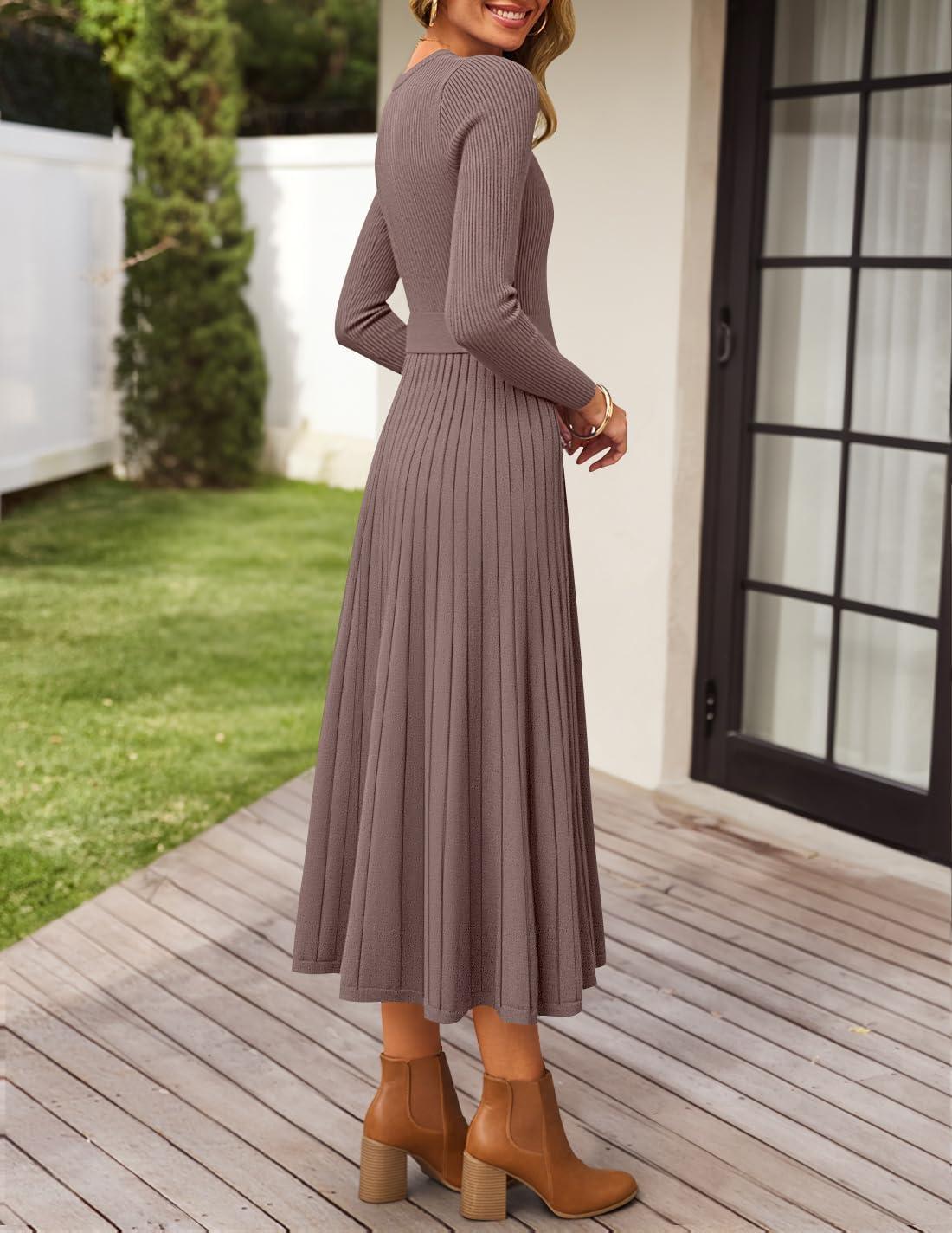 imageZESICA Womens Long Sleeve Midi Sweater Dress 2025 Fall Crewneck Knit A Line Pleated Flowy Long Dresses with BeltKhaki