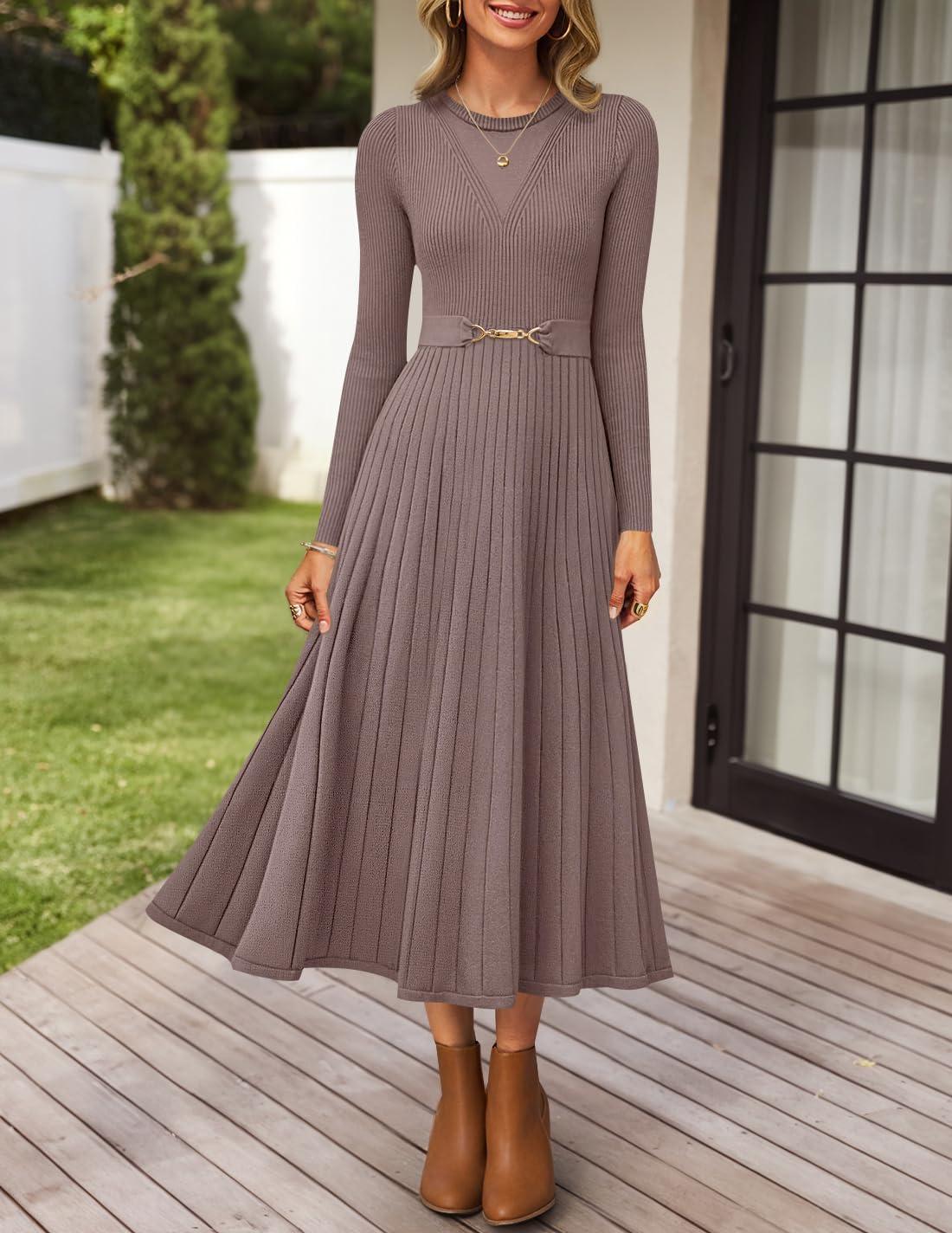 imageZESICA Womens Long Sleeve Midi Sweater Dress 2025 Fall Crewneck Knit A Line Pleated Flowy Long Dresses with BeltKhaki