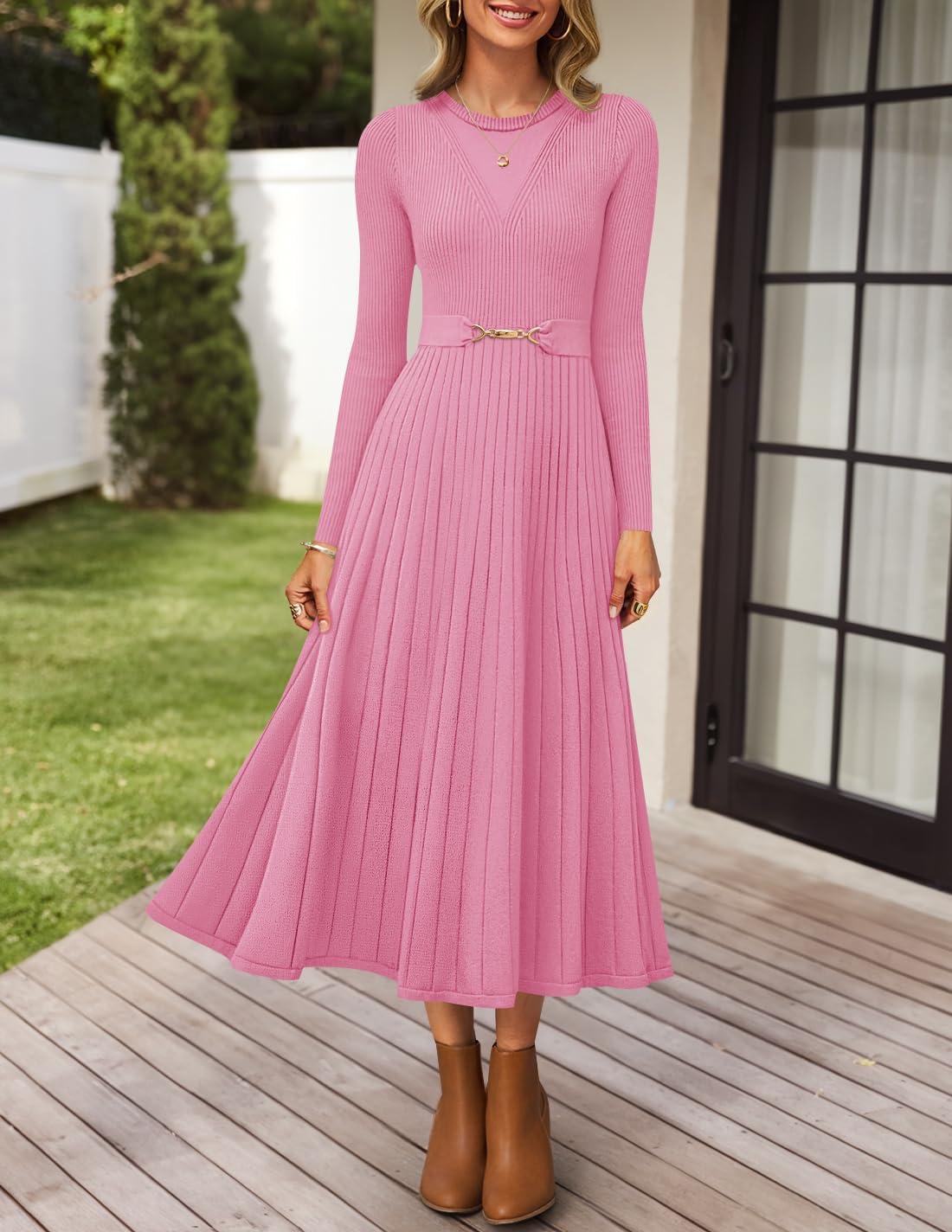 imageZESICA Womens Long Sleeve Midi Sweater Dress 2025 Fall Crewneck Knit A Line Pleated Flowy Long Dresses with BeltPink