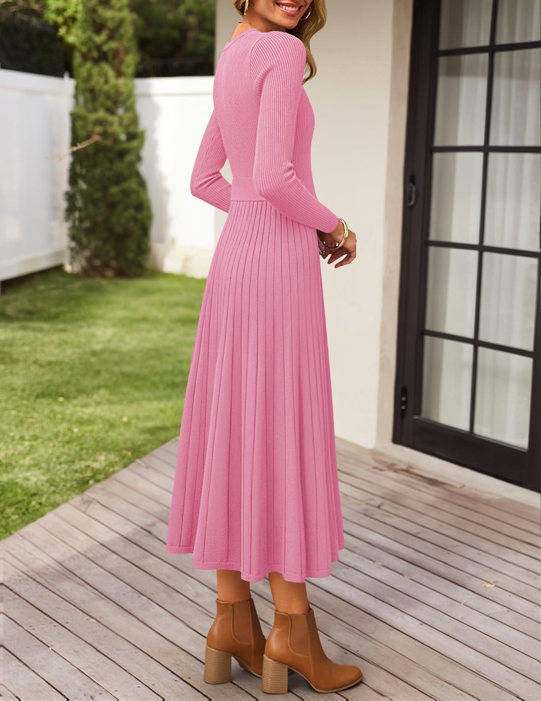 imageZESICA Womens Long Sleeve Midi Sweater Dress 2025 Fall Crewneck Knit A Line Pleated Flowy Long Dresses with BeltPink