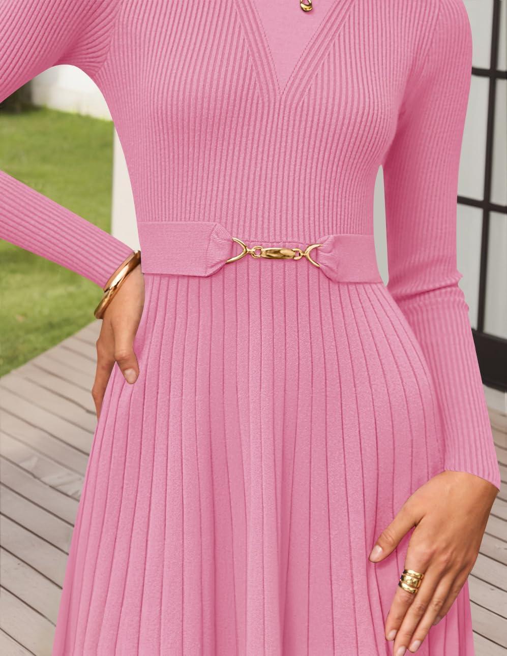 imageZESICA Womens Long Sleeve Midi Sweater Dress 2025 Fall Crewneck Knit A Line Pleated Flowy Long Dresses with BeltPink
