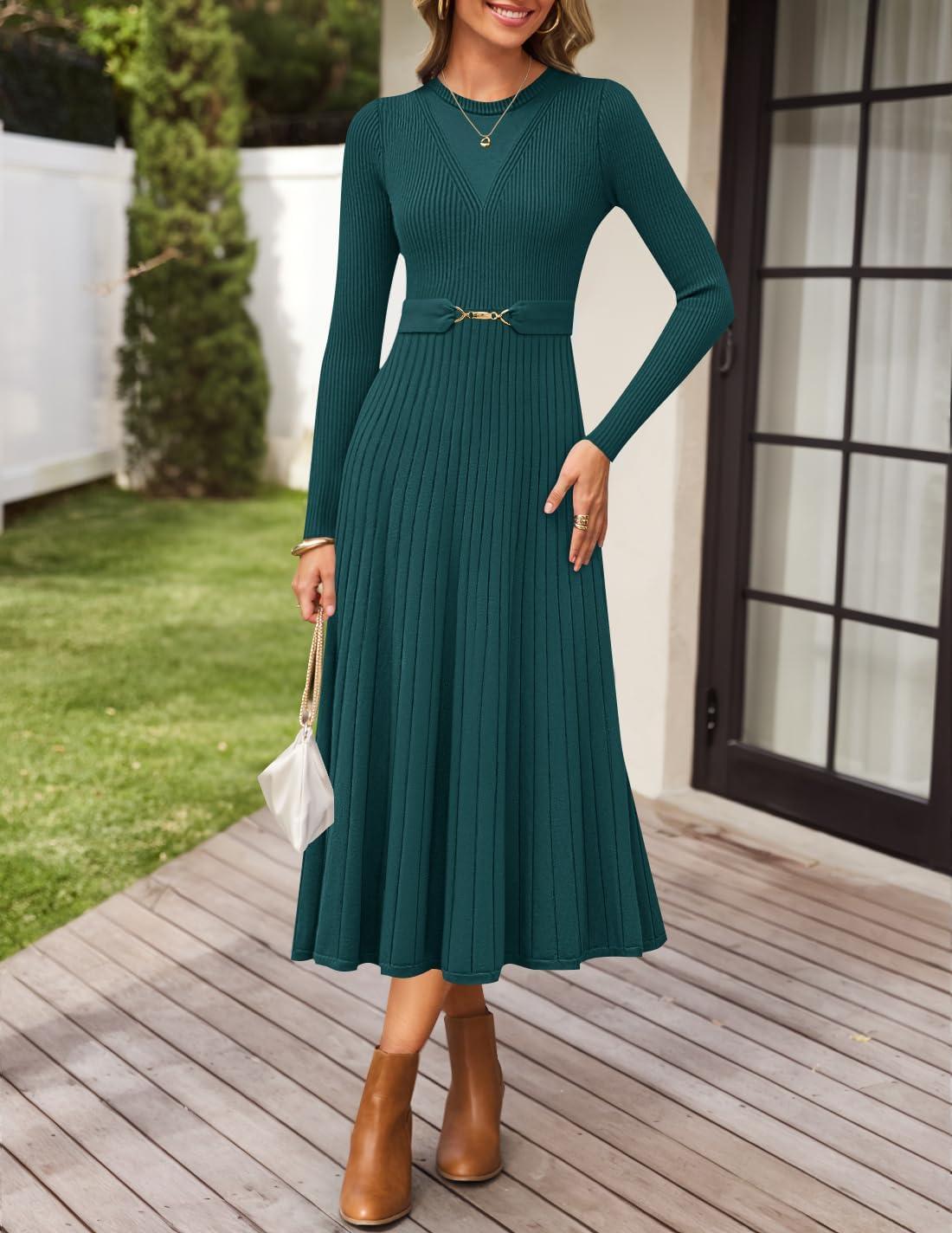 imageZESICA Womens Long Sleeve Midi Sweater Dress 2025 Fall Crewneck Knit A Line Pleated Flowy Long Dresses with BeltTeal