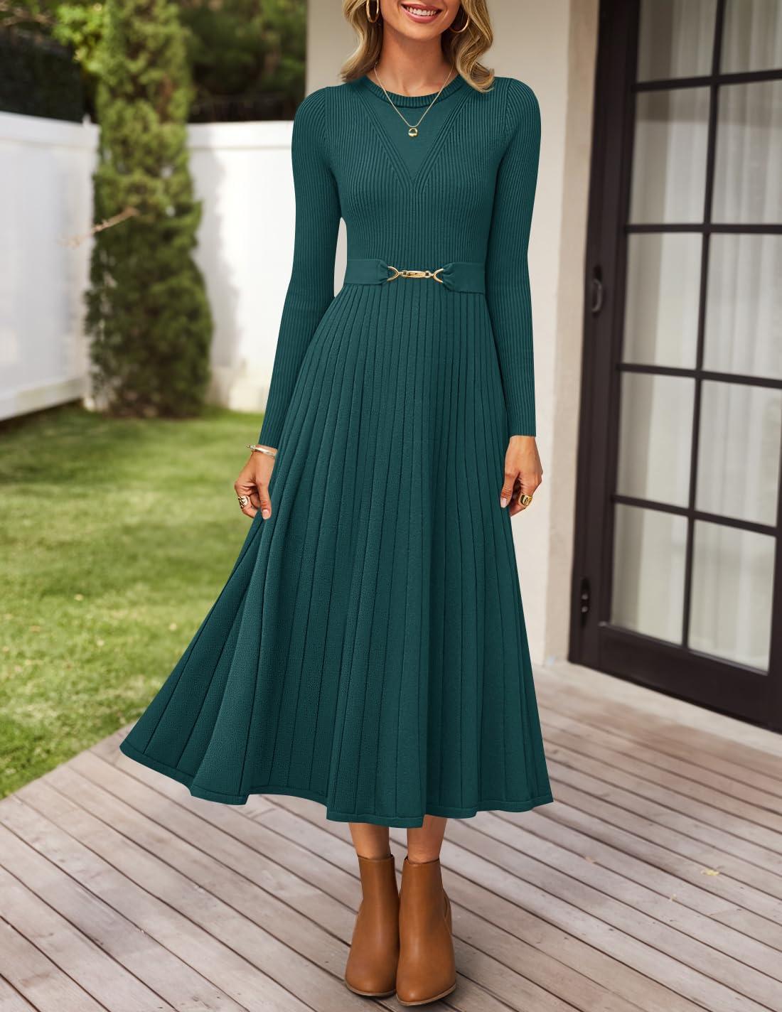 imageZESICA Womens Long Sleeve Midi Sweater Dress 2025 Fall Crewneck Knit A Line Pleated Flowy Long Dresses with BeltTeal
