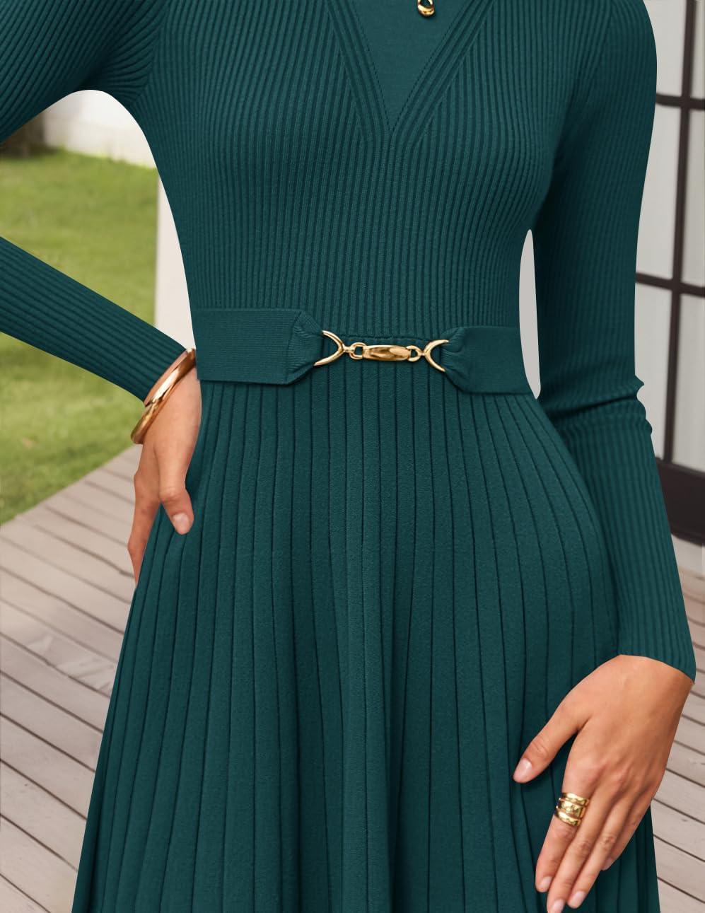 imageZESICA Womens Long Sleeve Midi Sweater Dress 2025 Fall Crewneck Knit A Line Pleated Flowy Long Dresses with BeltTeal