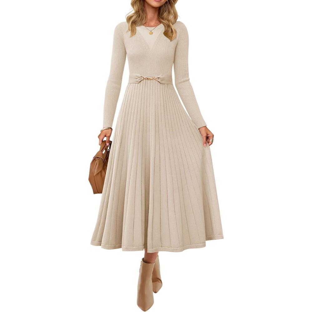 imageZESICA Womens Long Sleeve Midi Sweater Dress 2025 Fall Crewneck Knit A Line Pleated Flowy Long Dresses with BeltApricot