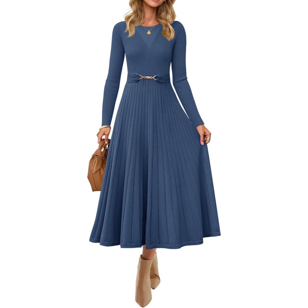 imageZESICA Womens Long Sleeve Midi Sweater Dress 2025 Fall Crewneck Knit A Line Pleated Flowy Long Dresses with BeltDark Blue