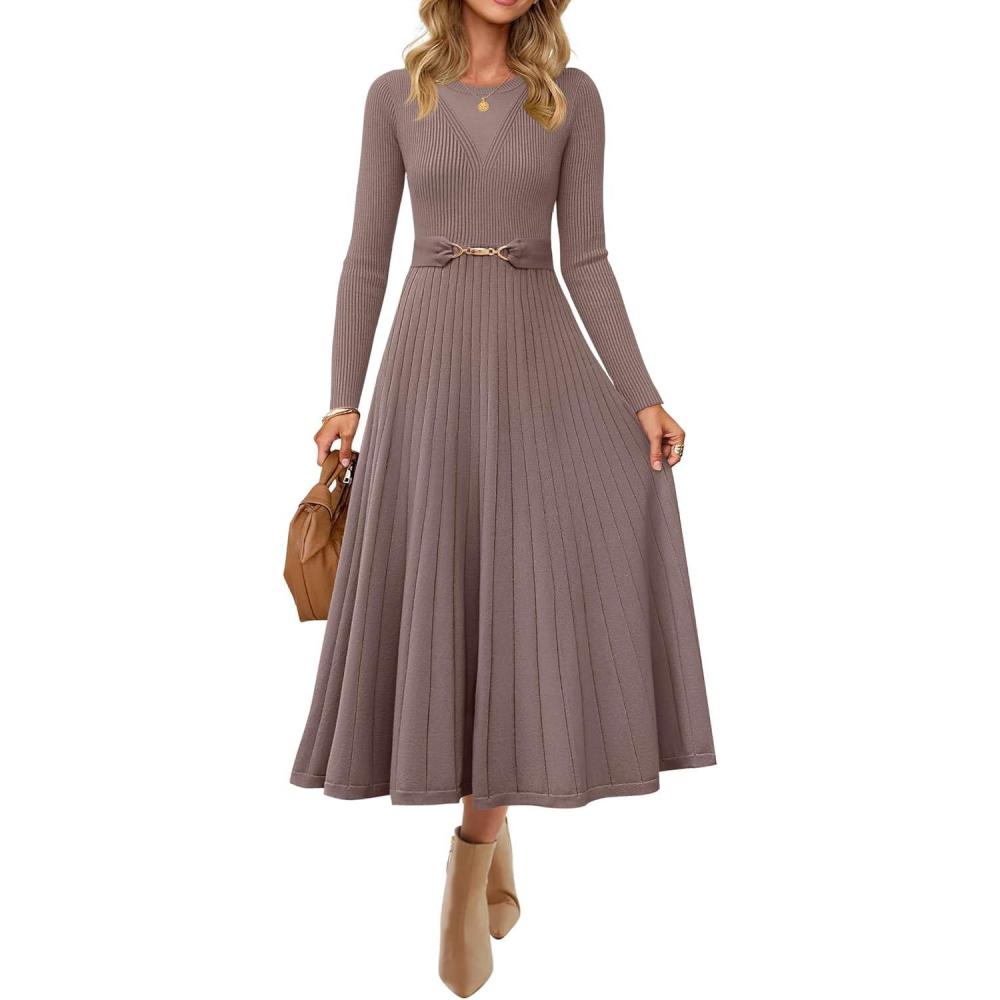 imageZESICA Womens Long Sleeve Midi Sweater Dress 2025 Fall Crewneck Knit A Line Pleated Flowy Long Dresses with BeltKhaki