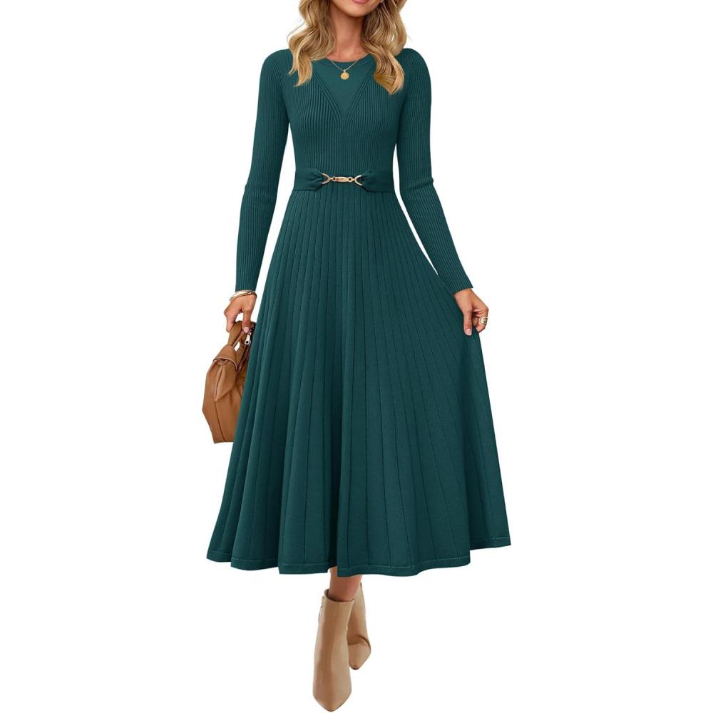 imageZESICA Womens Long Sleeve Midi Sweater Dress 2025 Fall Crewneck Knit A Line Pleated Flowy Long Dresses with BeltTeal