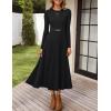 imageZESICA Womens Long Sleeve Midi Sweater Dress 2025 Fall Crewneck Knit A Line Pleated Flowy Long Dresses with BeltBlack