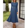 imageZESICA Womens Long Sleeve Midi Sweater Dress 2025 Fall Crewneck Knit A Line Pleated Flowy Long Dresses with BeltDark Blue