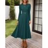 imageZESICA Womens Long Sleeve Midi Sweater Dress 2025 Fall Crewneck Knit A Line Pleated Flowy Long Dresses with BeltTeal