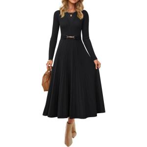 imageZESICA Womens Long Sleeve Midi Sweater Dress 2025 Fall Crewneck Knit A Line Pleated Flowy Long Dresses with BeltBlack