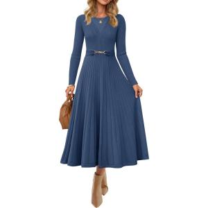 imageZESICA Womens Long Sleeve Midi Sweater Dress 2025 Fall Crewneck Knit A Line Pleated Flowy Long Dresses with BeltDark Blue
