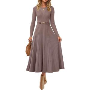 imageZESICA Womens Long Sleeve Midi Sweater Dress 2025 Fall Crewneck Knit A Line Pleated Flowy Long Dresses with BeltKhaki