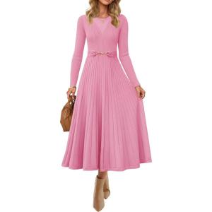 imageZESICA Womens Long Sleeve Midi Sweater Dress 2025 Fall Crewneck Knit A Line Pleated Flowy Long Dresses with BeltPink