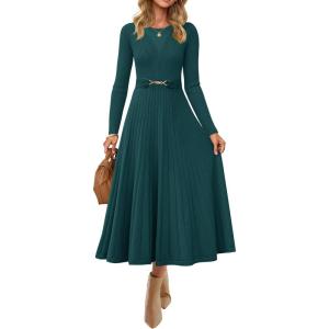 imageZESICA Womens Long Sleeve Midi Sweater Dress 2025 Fall Crewneck Knit A Line Pleated Flowy Long Dresses with BeltTeal