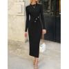 imageZESICA Womens 2025 Fall Long Sleeve Mock Neck Bodycon Midi Dress Ruched Knit Elegant Party Cocktail Formal DressesBlack
