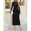 imageZESICA Womens 2025 Fall Long Sleeve Mock Neck Bodycon Midi Dress Ruched Knit Elegant Party Cocktail Formal DressesBlack