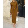 imageZESICA Womens 2025 Fall Long Sleeve Mock Neck Bodycon Midi Dress Ruched Knit Elegant Party Cocktail Formal DressesBrown