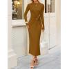 imageZESICA Womens 2025 Fall Long Sleeve Mock Neck Bodycon Midi Dress Ruched Knit Elegant Party Cocktail Formal DressesBrown