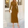 imageZESICA Womens 2025 Fall Long Sleeve Mock Neck Bodycon Midi Dress Ruched Knit Elegant Party Cocktail Formal DressesBrown