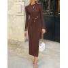 imageZESICA Womens 2025 Fall Long Sleeve Mock Neck Bodycon Midi Dress Ruched Knit Elegant Party Cocktail Formal DressesCoffee