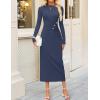 imageZESICA Womens 2025 Fall Long Sleeve Mock Neck Bodycon Midi Dress Ruched Knit Elegant Party Cocktail Formal DressesNavy