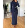imageZESICA Womens 2025 Fall Long Sleeve Mock Neck Bodycon Midi Dress Ruched Knit Elegant Party Cocktail Formal DressesNavy