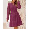 imageZESICA Womens 2025 Long Sleeve Mini Dress Fall V Neck Hollow Out Eyelet Embroidery Ruffle A Line Swing Short DressesFuchsia
