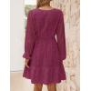 imageZESICA Womens 2025 Long Sleeve Mini Dress Fall V Neck Hollow Out Eyelet Embroidery Ruffle A Line Swing Short DressesFuchsia