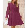imageZESICA Womens 2025 Long Sleeve Mini Dress Fall V Neck Hollow Out Eyelet Embroidery Ruffle A Line Swing Short DressesFuchsia
