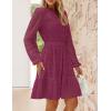 imageZESICA Womens 2025 Long Sleeve Mini Dress Fall V Neck Hollow Out Eyelet Embroidery Ruffle A Line Swing Short DressesFuchsia