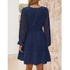 imageZESICA Womens 2025 Long Sleeve Mini Dress Fall V Neck Hollow Out Eyelet Embroidery Ruffle A Line Swing Short DressesNavy