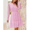 imageZESICA Womens 2025 Long Sleeve Mini Dress Fall V Neck Hollow Out Eyelet Embroidery Ruffle A Line Swing Short DressesPink
