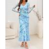 imageZESICA Womens Fall Floral Long Sleeve Maxi Dress 2025 Boho Bodycon V Neck Ruffle Wedding Party Long DressesBlue
