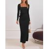 imageZESICA Womens Fall Long Sleeve Bodycon Maxi Dresses 2025 Casual Square Neck Ruched Back Slit Cocktail Party DressBlack